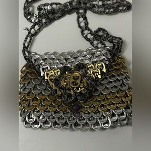 Unique hand made little shoulder purse made from drink can openers and crochet😀